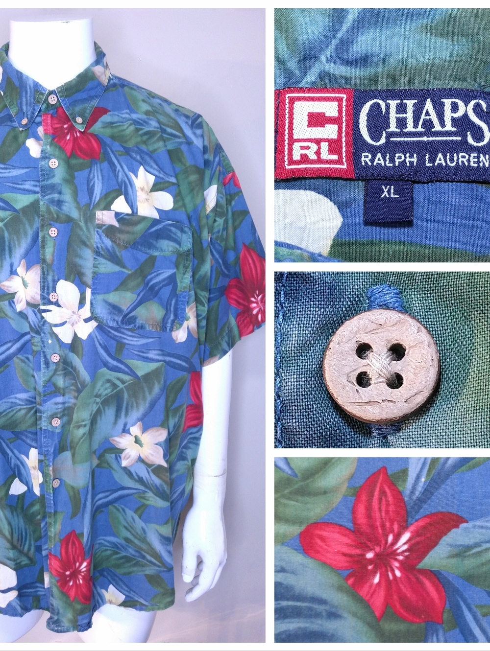 CHAPS RALPH LAUREN Vintage Button Up Shirt HAWAIIAN Vtg 90s POLO RL Floral Print